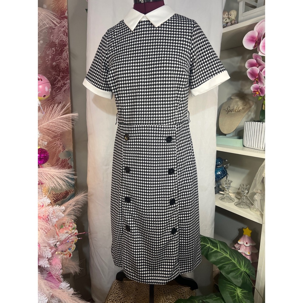 Shelby & Palmer Dress Women 8 Black White Good Houndstooth Mod Peter Pan Collar